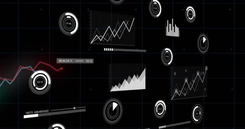 Futuristic hud dashboard displaying floating line charts, area graphs, timers and metrics