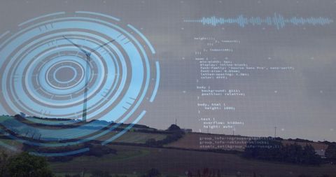 Wind Turbine on Rural Ridge with Blue HUD and Code Overlay for Renewable Energy Technology