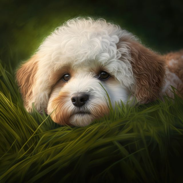 Close up of cute white and brown bichon dog in field, created using generative ai technology. Dog and pet animal concept digitally generated image.