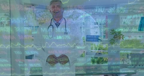 Doctor engaging with virtual data in futuristic healthcare environment