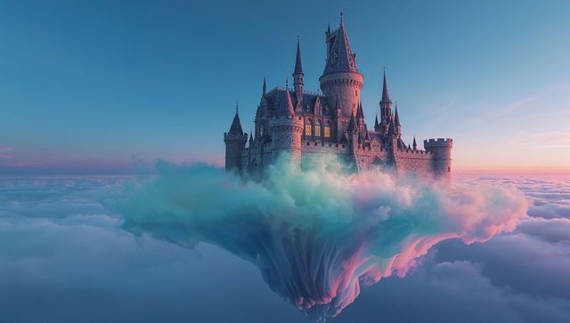 Floating medieval castle hovering above pastel cloud island at sunrise
