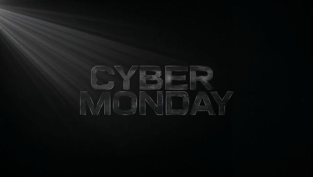 Cyber monday metallic 3d lettering with top-left spotlight beams and cinematic grain vignette