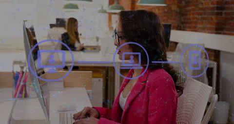 Businesswoman Networking with Digital Technology Icons Overlay