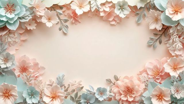 Pastel paper cut floral frame with layered blossoms and blank center for invitations