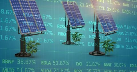 Solar Panels and Stock Market Data Illustrating Sustainable Energy Growth