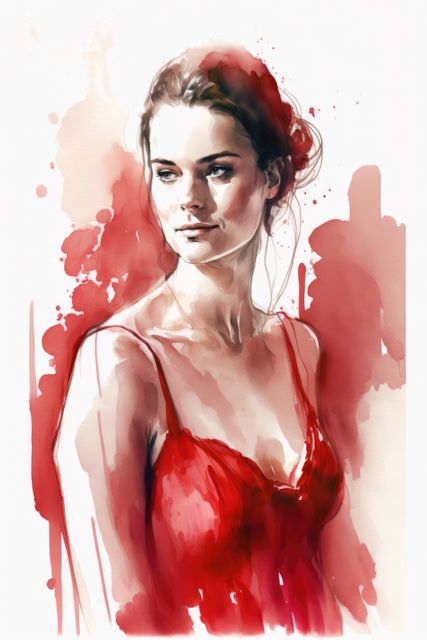 This watercolor painting features a woman in a red dress with creative brush strokes and artistic elements. It can be used for art publications, portrait studies, fashion design, or creative websites. Ideal for adding artistic and stylish appeal to any project.