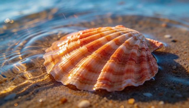Glowing Ridged Scallop Shell Catching Golden Sunlight on Wet Sand at Waterline