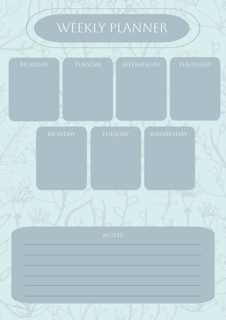 Minimalist weekly planner template with blue background and floral design. Includes sections for Monday, Tuesday, Wednesday, Thursday, and a notes area. Ideal for staying organized, planning tasks, and tracking weekly activities. Suitable for digital or print use, perfect for students, professionals, and personal planners.