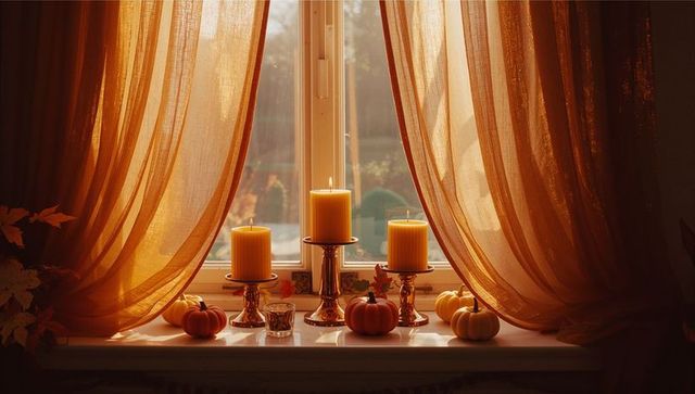 Autumn Glow: Candlelit Windowsill with Pumpkins and Curtains
