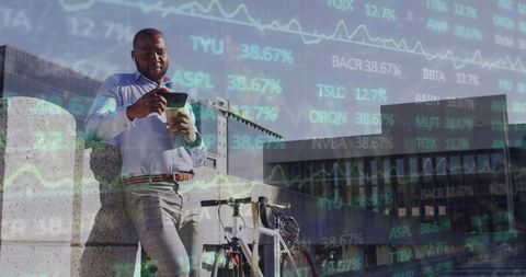 African American Businessman Enjoying Coffee with Stock Market Display