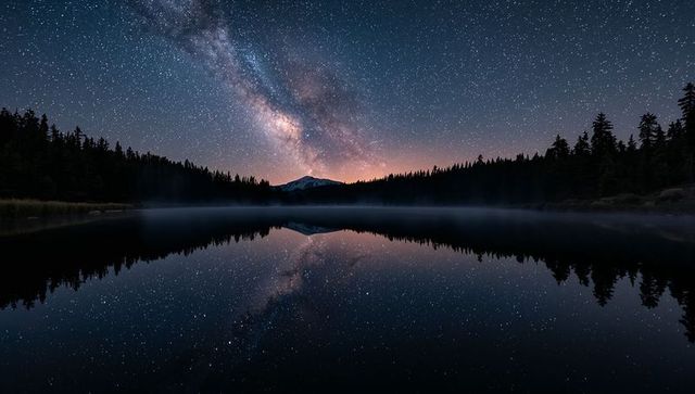 Milky Way reflecting over snow-capped mountain and alpine night lake with misty silhouettes