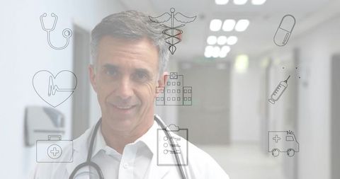 Senior doctor standing in hospital corridor with medical icons overlay for healthcare