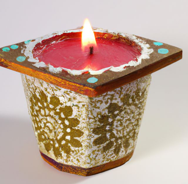 Ornamental candle with a detailed, artistic design and a burning flame. Square-shaped with painted patterns, used to create a cozy and relaxing ambiance. Perfect for home decor, enhancing aesthetics, and adding a soothing effect to any room. Ideal for stock images focusing on relaxation, interior design, or hobbies.