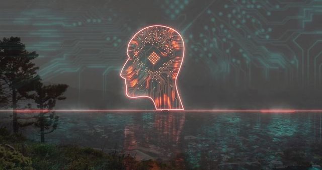 Futuristic neon head with glowing circuits over landscape