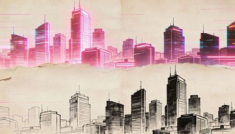 Blending neon retro-futurism and ink-sketch cityscape on torn paper collage with glitch