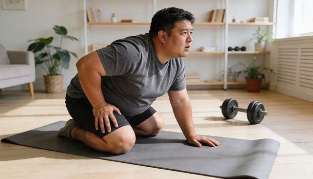 Kneeling asian man pressing hand on mat during sunlit home workout with dumbbell nearby