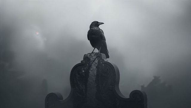 Solitary Crow Perching on Gothic Tombstone in Misty Graveyard