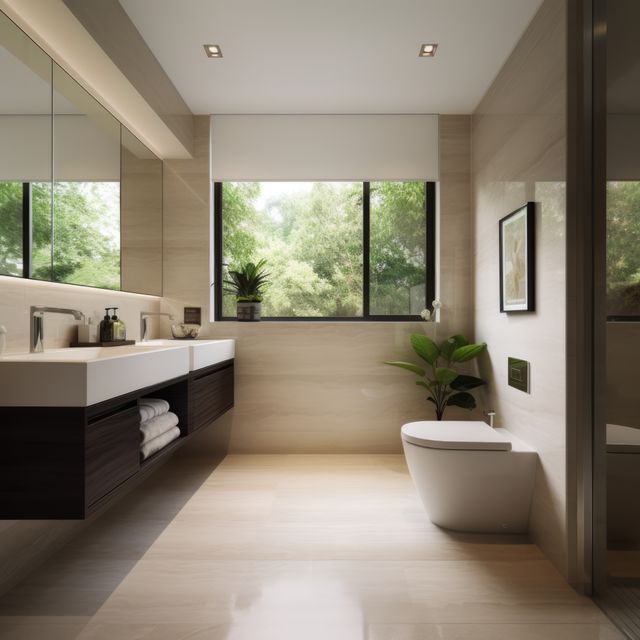 Modern bathroom with minimalist design showcasing clean lines and large window allowing ample natural light. Ideal for home improvement ideas, luxury property advertisements, and interior design inspirations.