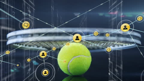 Tennis Racket with Digital Networking Icons Overlay