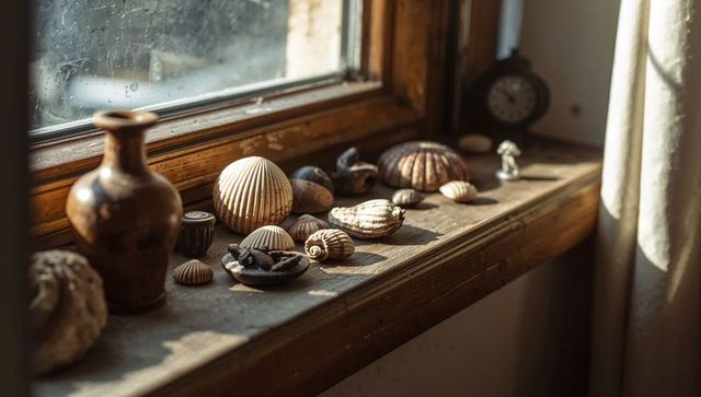 Sunlit rustic seashell collection on weathered wooden windowsill with vintage vase