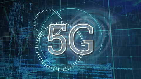 5G Network Concept with Data Processing and Digital Clock