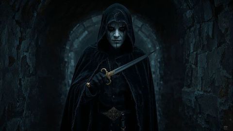 Hooded assassin warrior holding ornate dagger in gothic tunnel