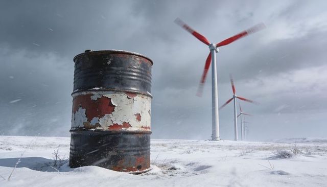Rusting oil drum sitting in snowy plain with spinning red-tipped wind turbines