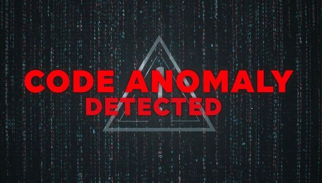Code anomaly detected warning triangle over digital matrix rain cybersecurity alert neon