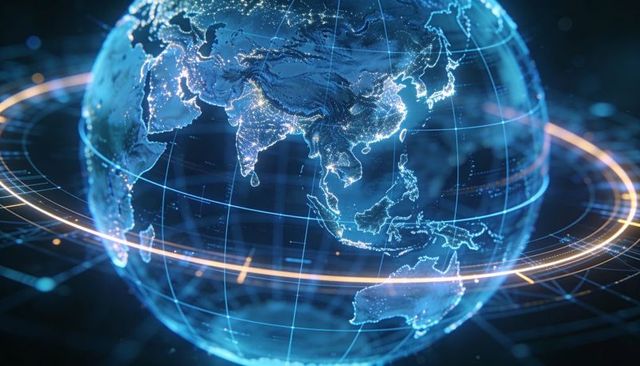 Holographic globe rotating on digital data grid with orbital light rings and network lights