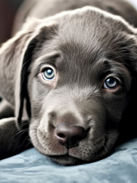 Portrait of cute grey puppy with blue eyes lying on sitting, created using generative ai technology. Dogs, domestic animals and pets concept digitally generated image.