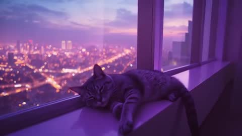 Relaxed Tabby Cat Sleeping on Window Sill with Twilight City Skyline