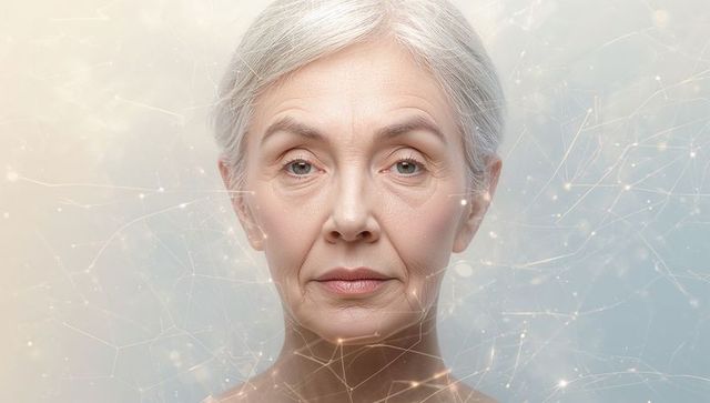 Mature woman portrait with digital neural network overlay representing ai and aging
