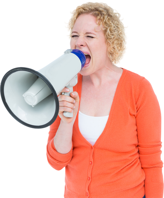 Blonde Woman with Curly Hair Shouting into Transparent Megaphone - Download Free Stock Videos Pikwizard.com