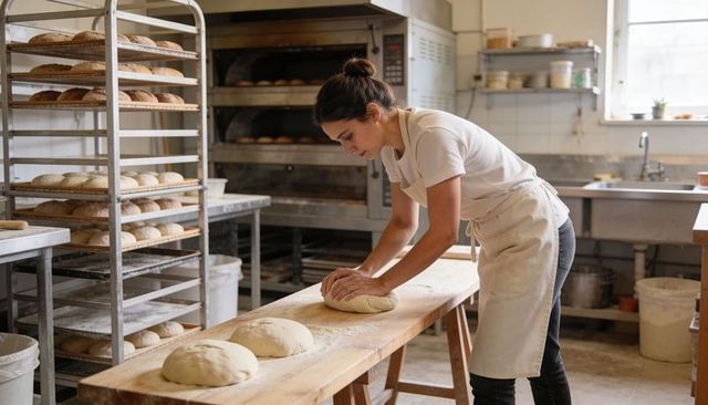 Artisan baker kneading dough on sunlit wooden bench surrounded by fresh loaves
