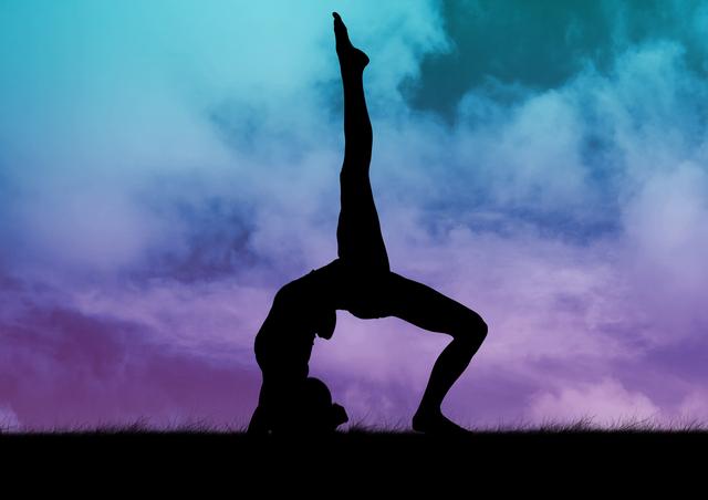 Digital composition of silhouette of woman practicing yoga on grass against sky background