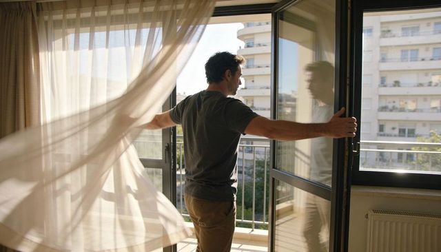Man opening balcony door pulling sheer curtain in sunlit urban apartment morning light