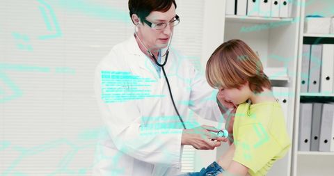 Doctor Conducting Medical Examination on Young Boy with Digital Data Graphics