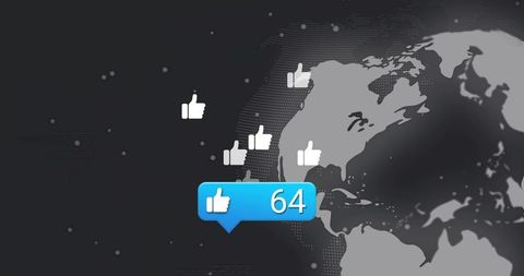 Global social media likes analytics showing 64 engagement on world map dashboard interface