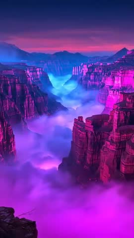 Vertical cinematic footage capturing neon canyon with magenta and cyan fog drifting at dusk
