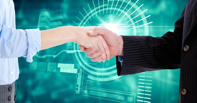 This image captures a businessman and businesswoman shaking hands against a futuristic, digital-themed background. The handshake symbolizes cooperation, partnership, and professional success, while the technological elements infuse a sense of modernity and forward-thinking. It is ideal for use in corporate presentations, online business articles, technology partnership campaigns, and teamwork promotions.