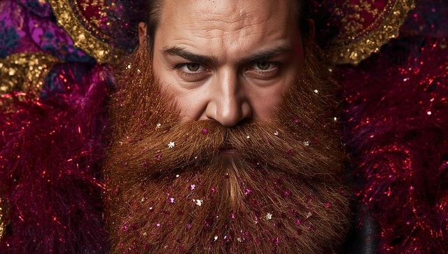 Staring bearded man wearing ornate burgundy-magenta costume with glitter beard halo