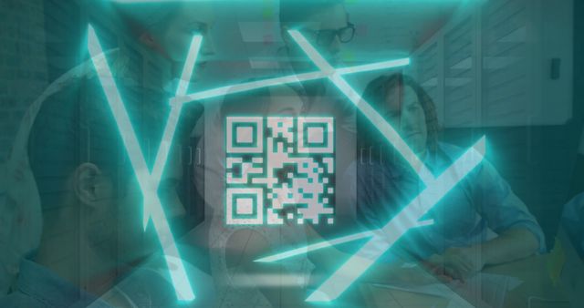 Image of neon lights an dqr code over servers and diverse coworkers. Business, network, connections, communication and technology concept digitally generated image.