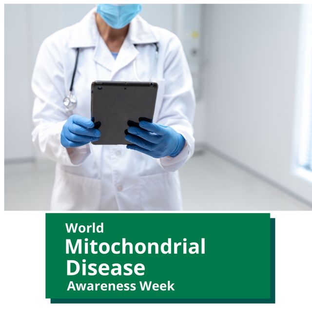 Midsection of caucasian doctor using digital tablet and world mitochondrial disease awareness week. Text, composite, wireless technology, cell organelle, energy, support, healthcare and prevention.