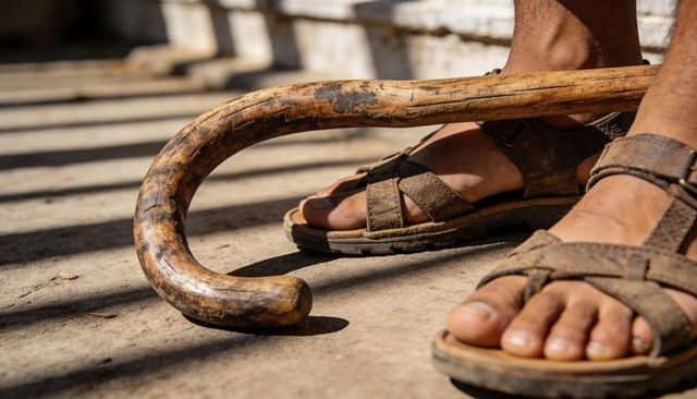 Sunlit weathered wooden cane with bare feet in brown sandals casting concrete shadows