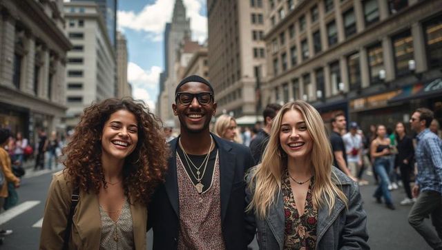 Smiling friends walking downtown wearing layered necklaces and glasses, urban street fashion