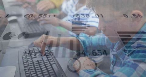 Children Using Computers Amidst Digital Data Interface