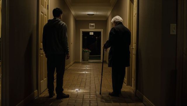 Young man and elderly man standing in dim hallway leaning on cane, moody low light