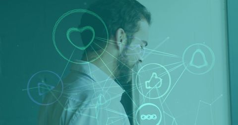 Business Professional Using Tablet with Digital Network Icons Overlay