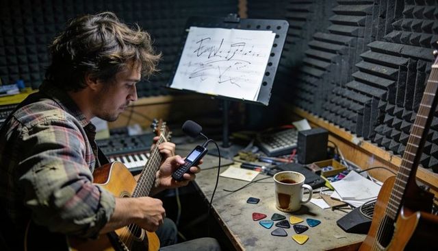 Songwriter strumming acoustic guitar while checking phone in home recording booth