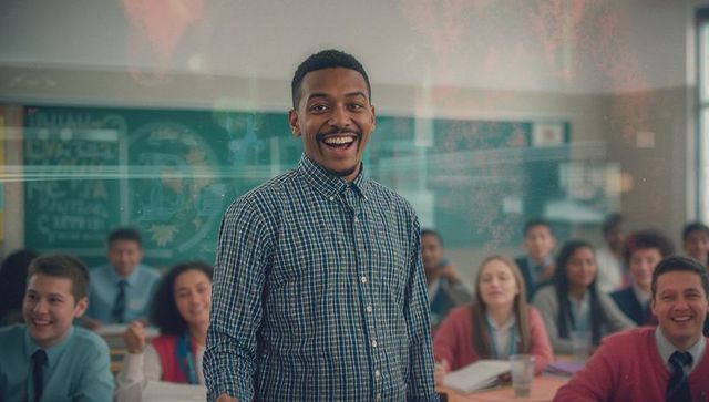 Enthusiastic Male Teacher Explaining in Classroom with Students